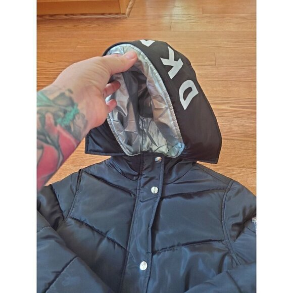 DKNY Sport Jacket Girls Size M 10/12 Black Puffer Hooded Quilted Coat Logo EUC - Picture 3 of 16